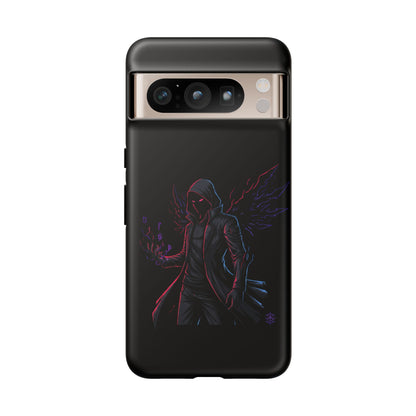 Dark Hoodie Shadow Warrior Phone Case – Protective Tough Case with Neon Winged Grim Reaper Design