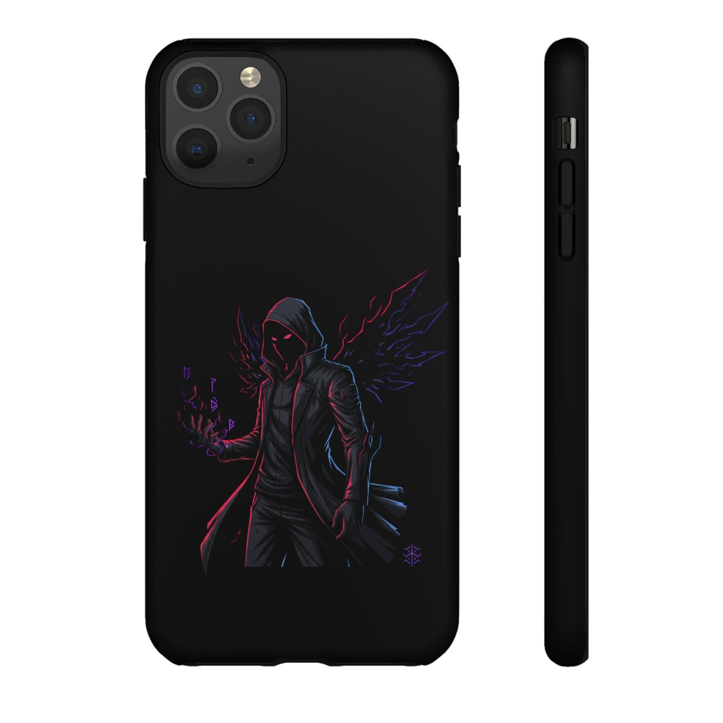 Dark Hoodie Shadow Warrior Phone Case – Protective Tough Case with Neon Winged Grim Reaper Design
