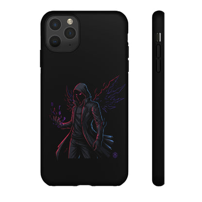 Dark Hoodie Shadow Warrior Phone Case – Protective Tough Case with Neon Winged Grim Reaper Design