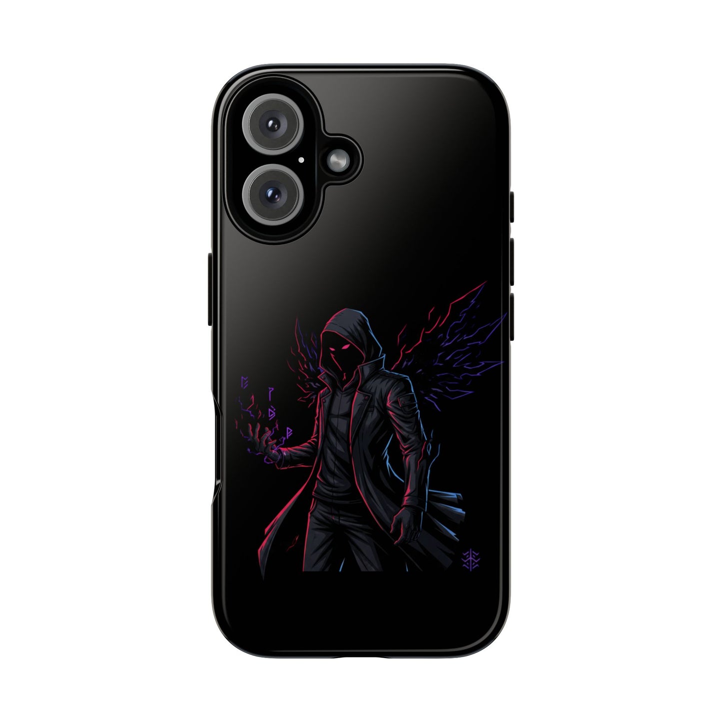 Dark Hoodie Shadow Warrior Phone Case – Protective Tough Case with Neon Winged Grim Reaper Design