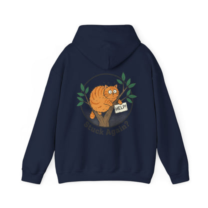 'Stuck Again?' Cat Hoodie — Funny Orange Cat in Tree Sweatshirt