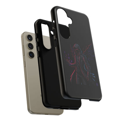 Dark Hoodie Shadow Warrior Phone Case – Protective Tough Case with Neon Winged Grim Reaper Design