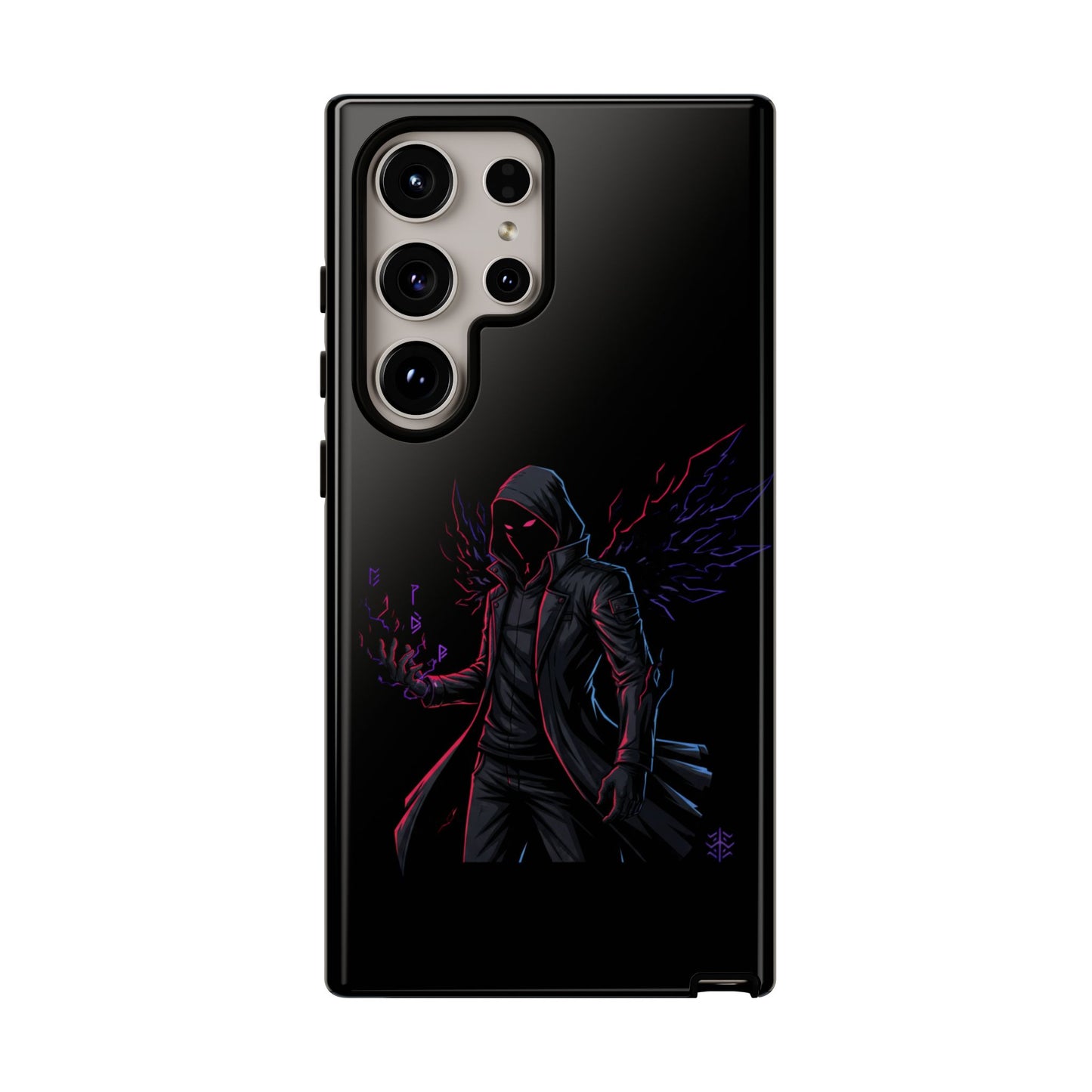 Dark Hoodie Shadow Warrior Phone Case – Protective Tough Case with Neon Winged Grim Reaper Design