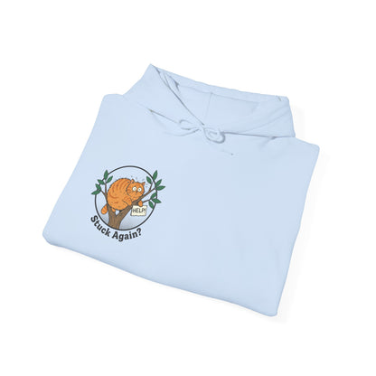 'Stuck Again?' Cat Hoodie — Funny Orange Cat in Tree Sweatshirt
