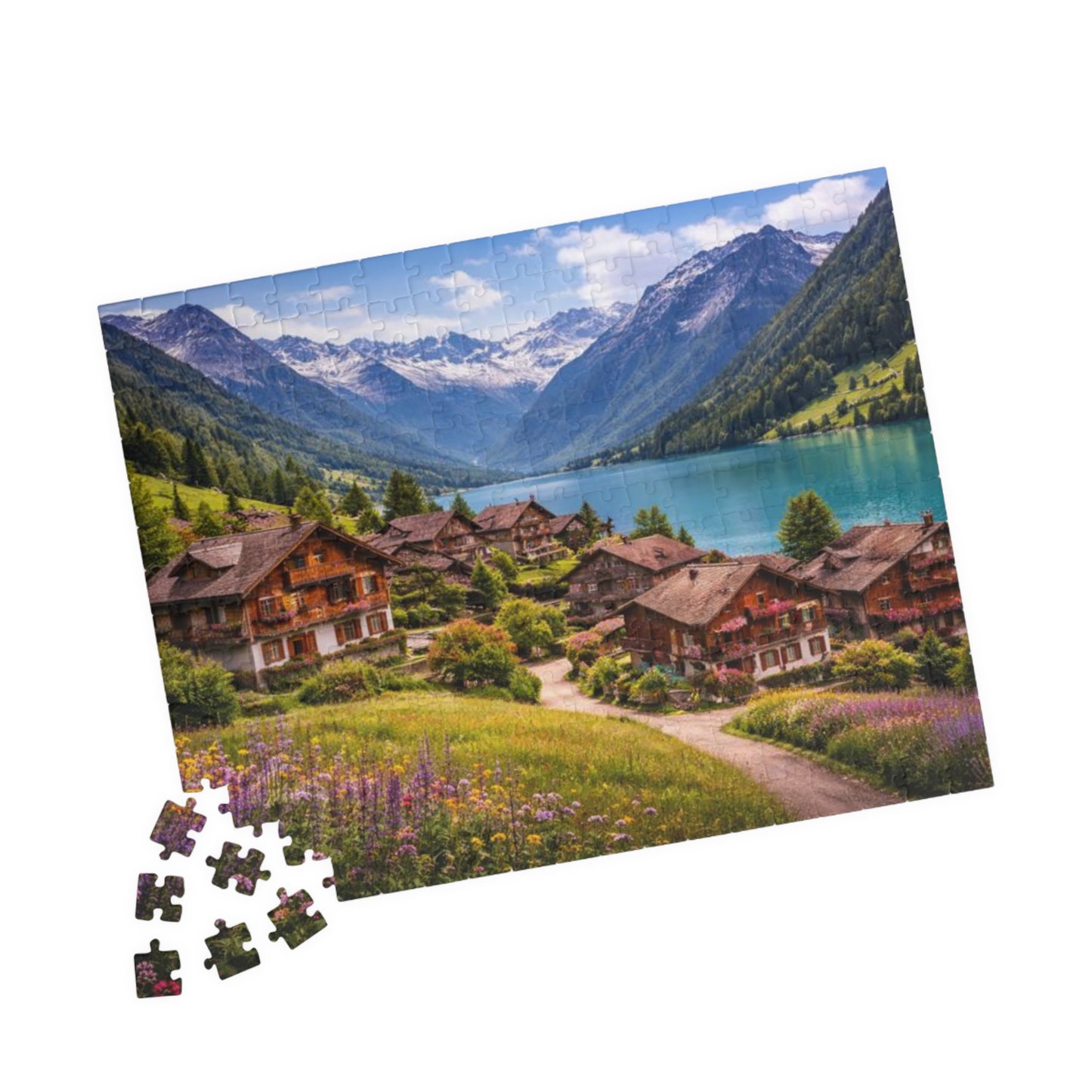 Scenic Alpine Lakeside Village Jigsaw Puzzle — 110/252/520/1014 pcs