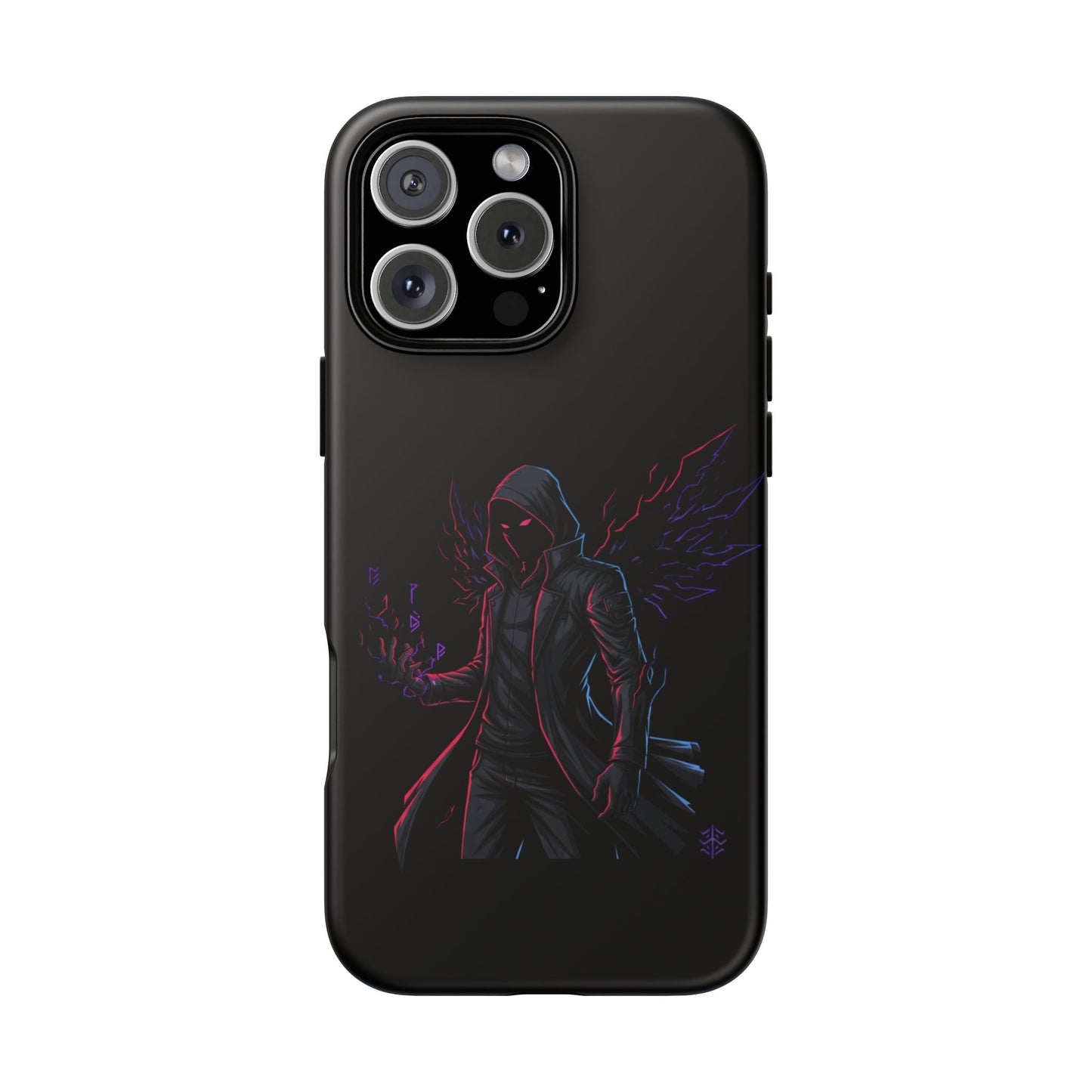 Dark Hoodie Shadow Warrior Phone Case – Protective Tough Case with Neon Winged Grim Reaper Design