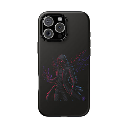 Dark Hoodie Shadow Warrior Phone Case – Protective Tough Case with Neon Winged Grim Reaper Design