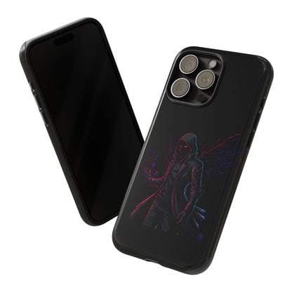 Dark Hoodie Shadow Warrior Phone Case – Protective Tough Case with Neon Winged Grim Reaper Design
