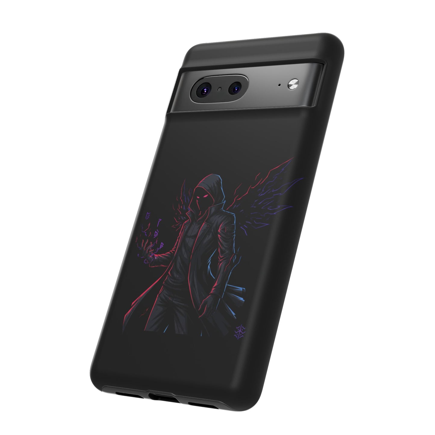 Dark Hoodie Shadow Warrior Phone Case – Protective Tough Case with Neon Winged Grim Reaper Design