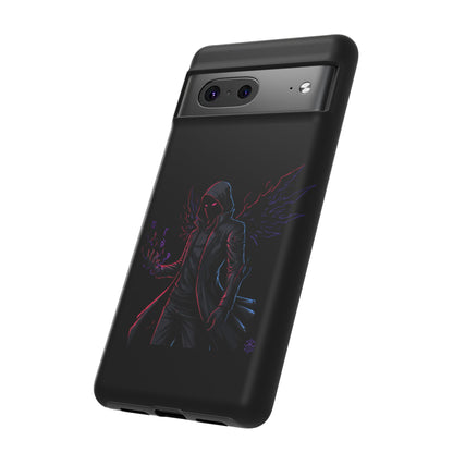 Dark Hoodie Shadow Warrior Phone Case – Protective Tough Case with Neon Winged Grim Reaper Design