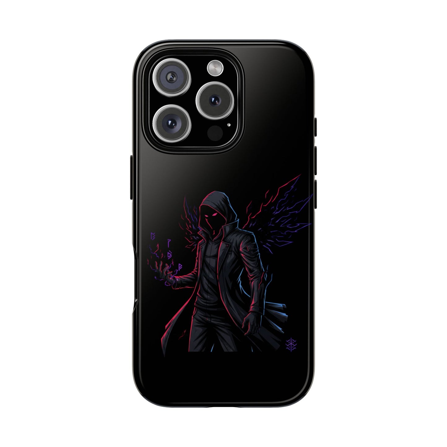 Dark Hoodie Shadow Warrior Phone Case – Protective Tough Case with Neon Winged Grim Reaper Design
