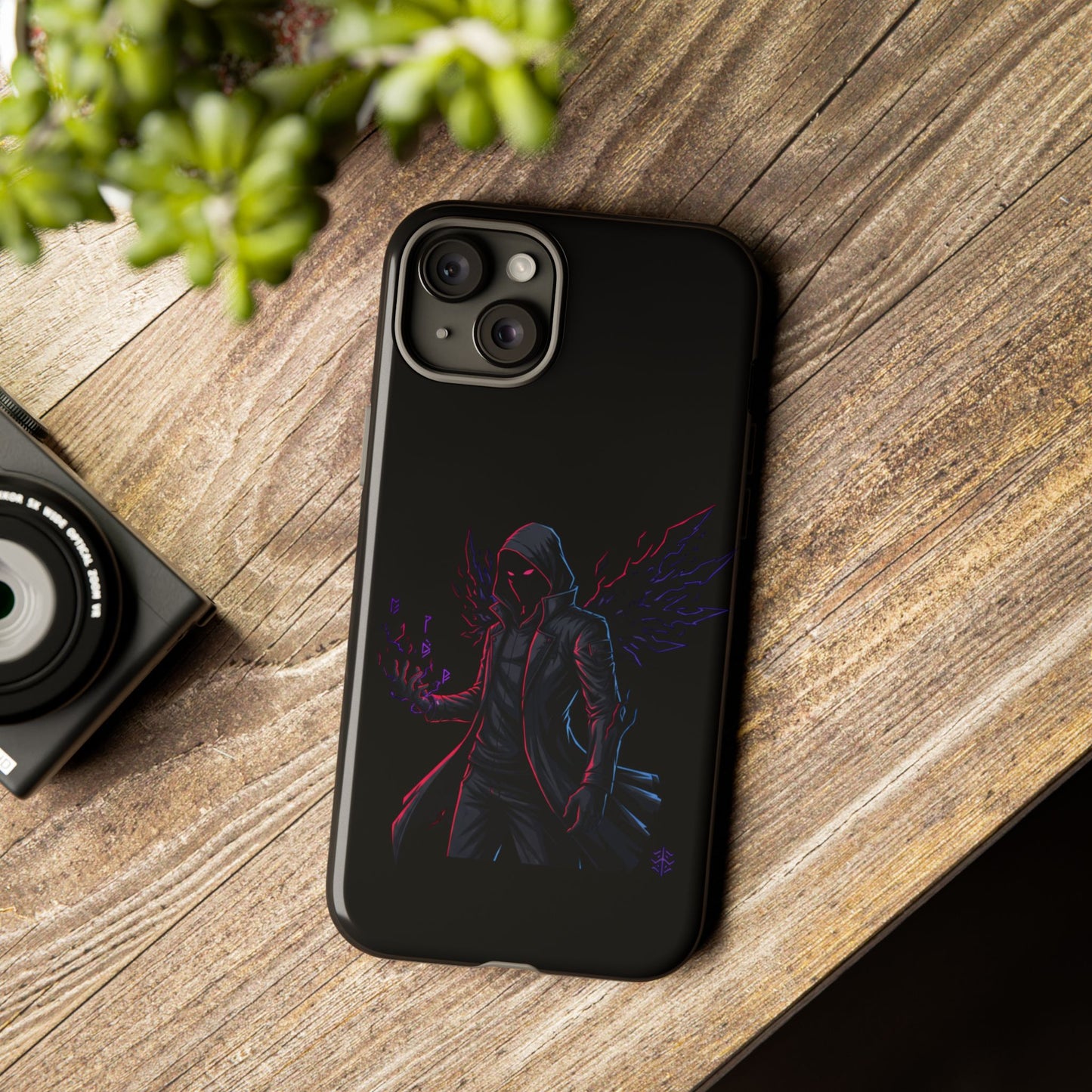 Dark Hoodie Shadow Warrior Phone Case – Protective Tough Case with Neon Winged Grim Reaper Design