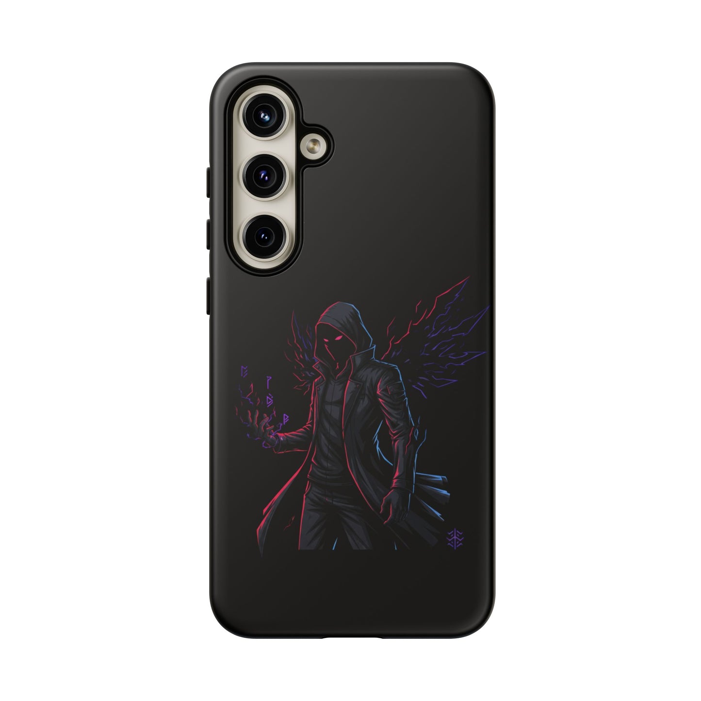 Dark Hoodie Shadow Warrior Phone Case – Protective Tough Case with Neon Winged Grim Reaper Design