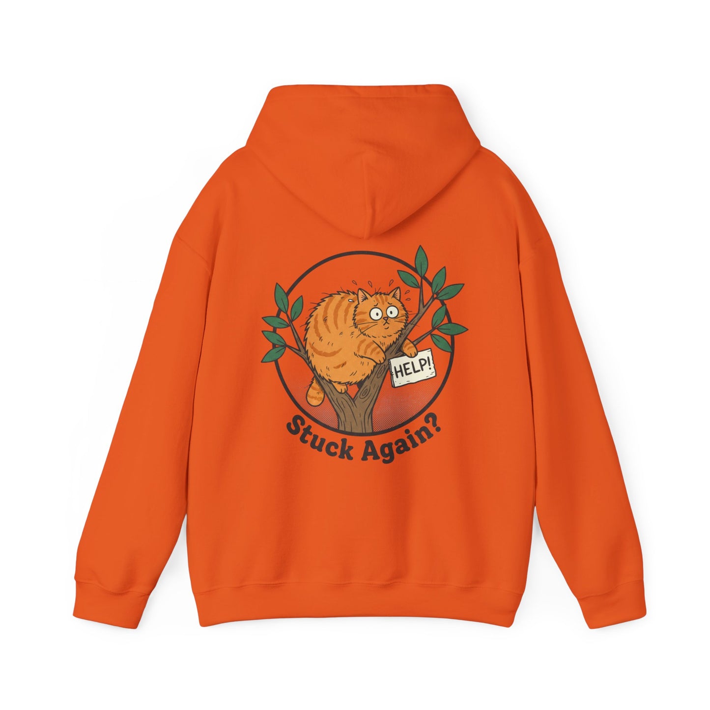 'Stuck Again?' Cat Hoodie — Funny Orange Cat in Tree Sweatshirt