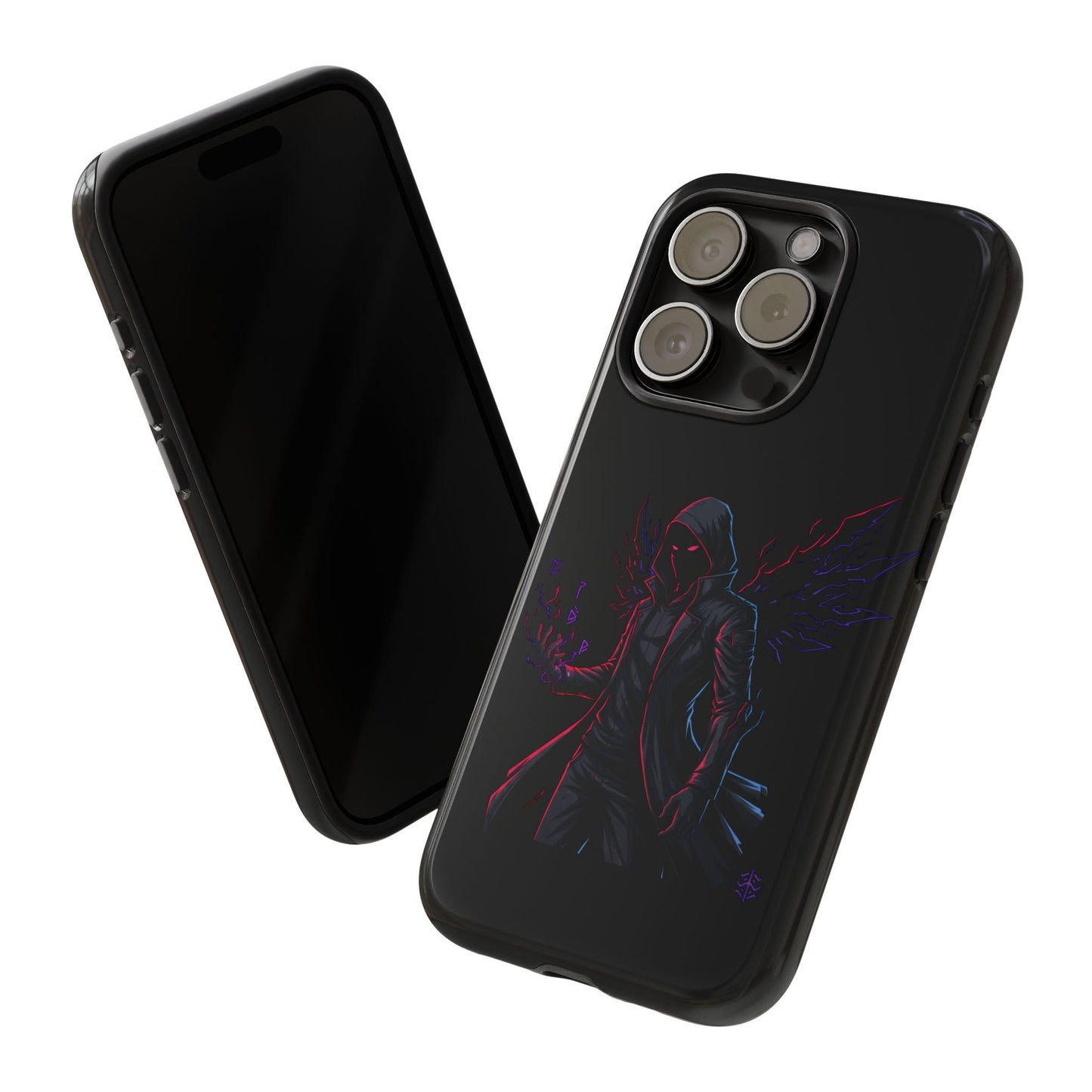 Dark Hoodie Shadow Warrior Phone Case – Protective Tough Case with Neon Winged Grim Reaper Design