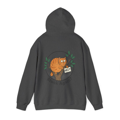 'Stuck Again?' Cat Hoodie — Funny Orange Cat in Tree Sweatshirt