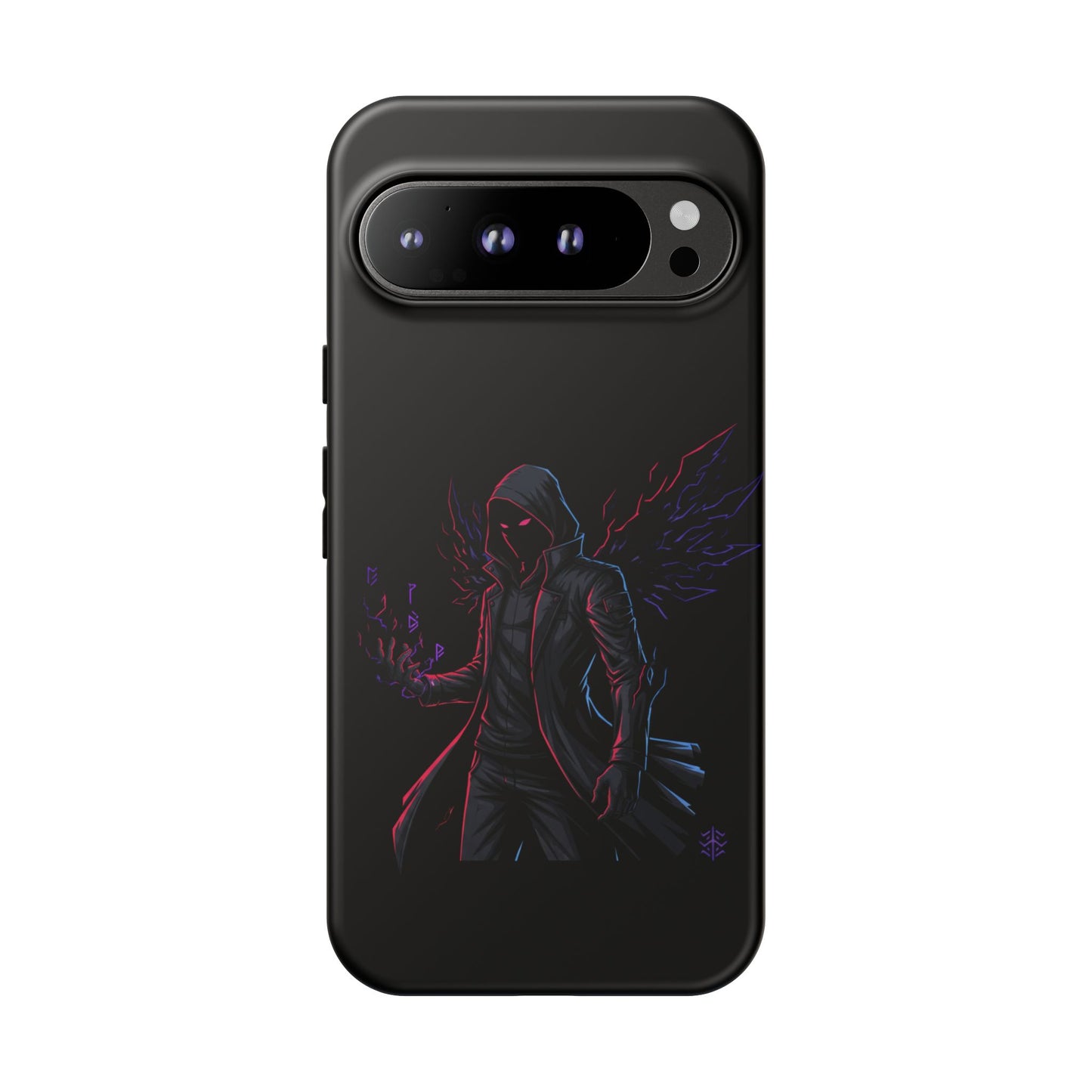 Dark Hoodie Shadow Warrior Phone Case – Protective Tough Case with Neon Winged Grim Reaper Design