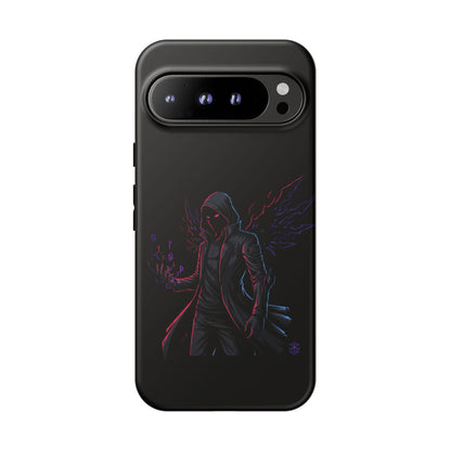 Dark Hoodie Shadow Warrior Phone Case – Protective Tough Case with Neon Winged Grim Reaper Design