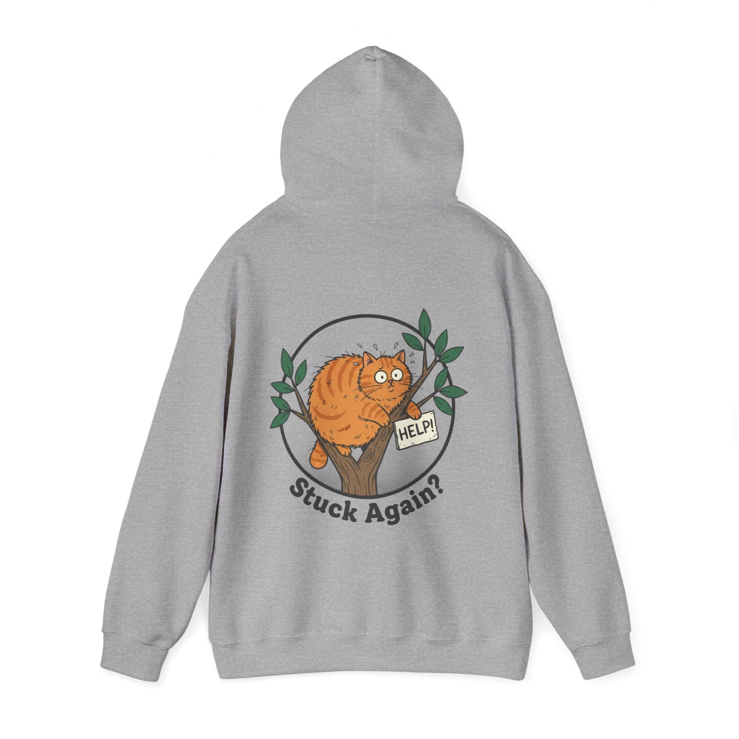 'Stuck Again?' Cat Hoodie — Funny Orange Cat in Tree Sweatshirt