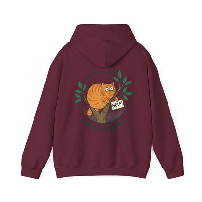 'Stuck Again?' Cat Hoodie — Funny Orange Cat in Tree Sweatshirt