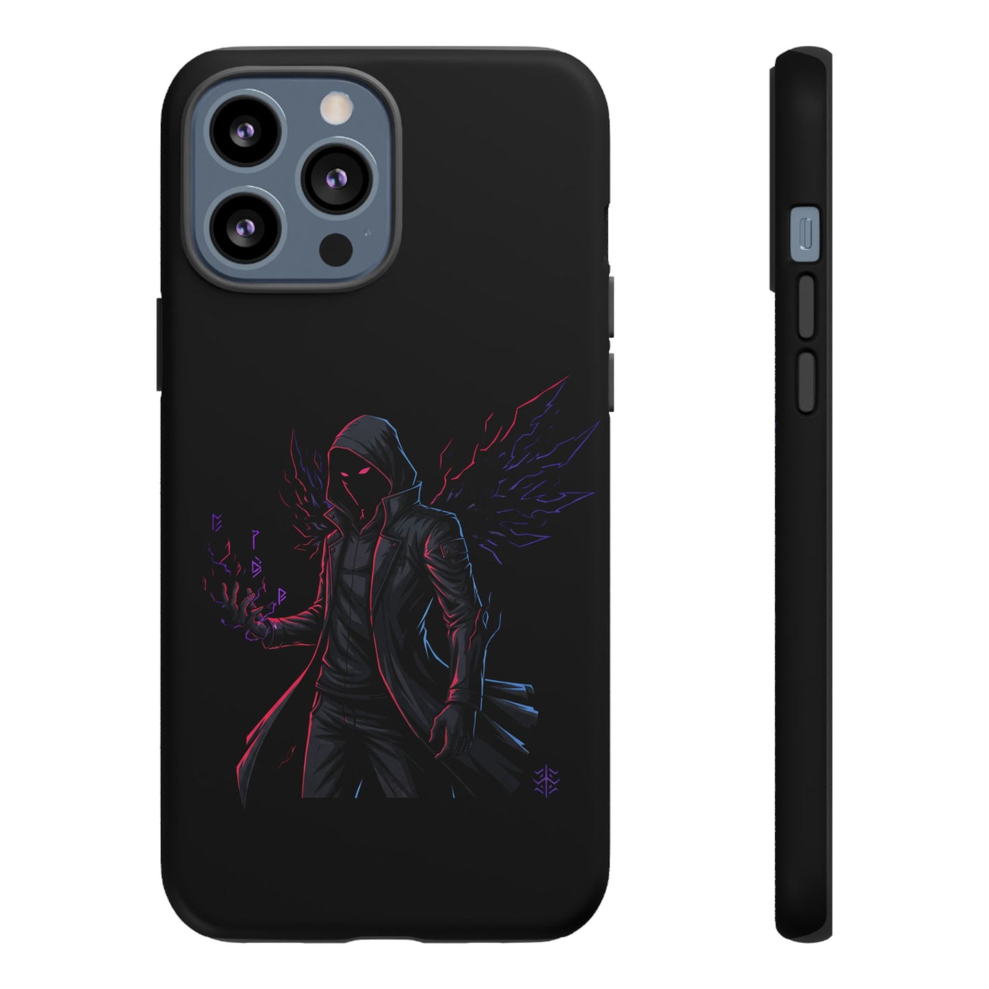 Dark Hoodie Shadow Warrior Phone Case – Protective Tough Case with Neon Winged Grim Reaper Design