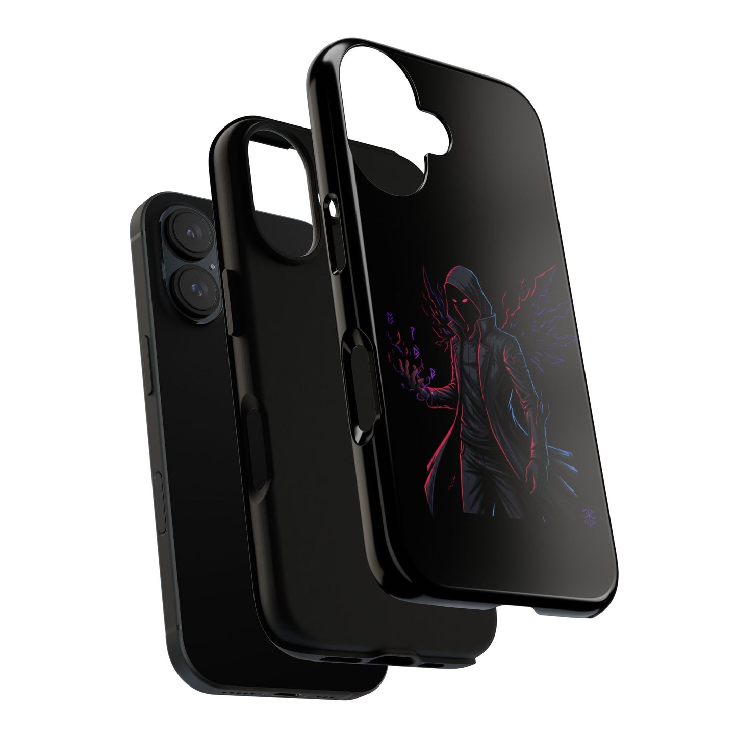 Dark Hoodie Shadow Warrior Phone Case – Protective Tough Case with Neon Winged Grim Reaper Design