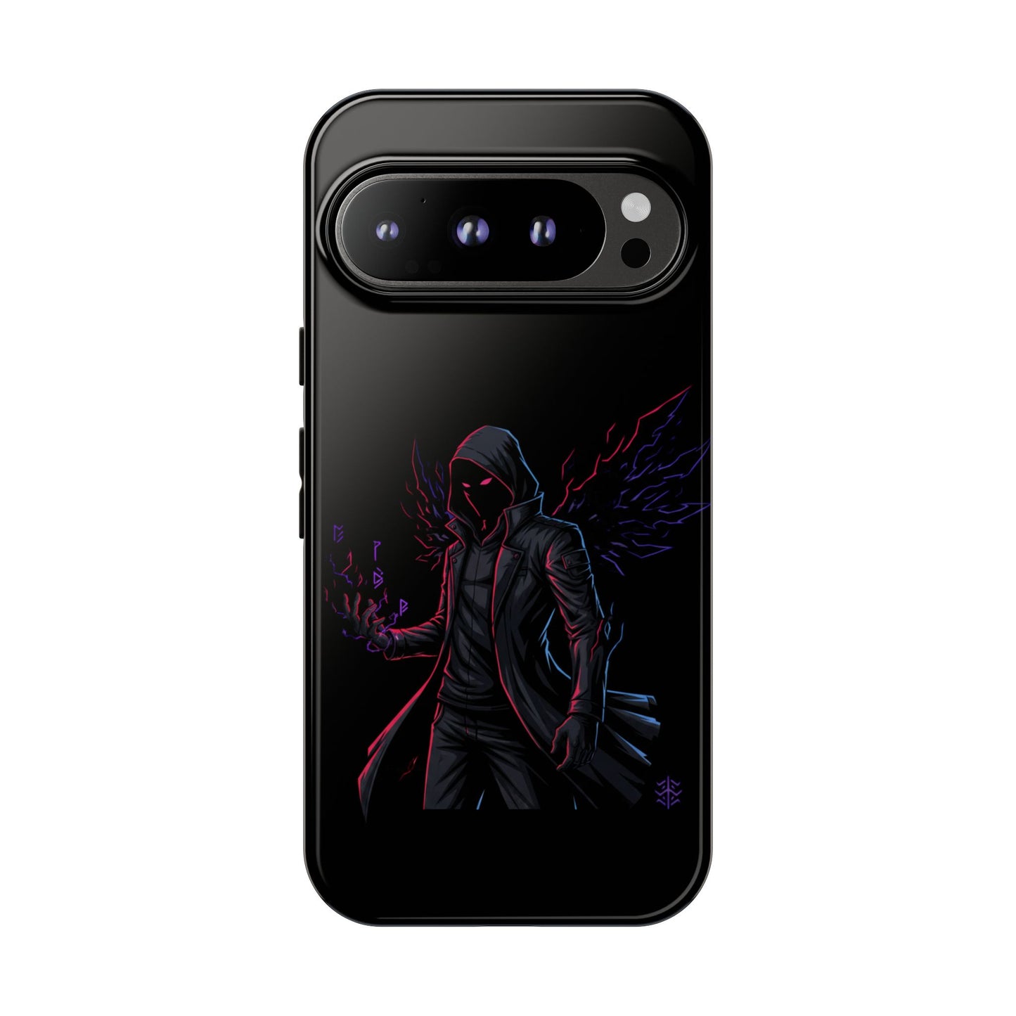 Dark Hoodie Shadow Warrior Phone Case – Protective Tough Case with Neon Winged Grim Reaper Design