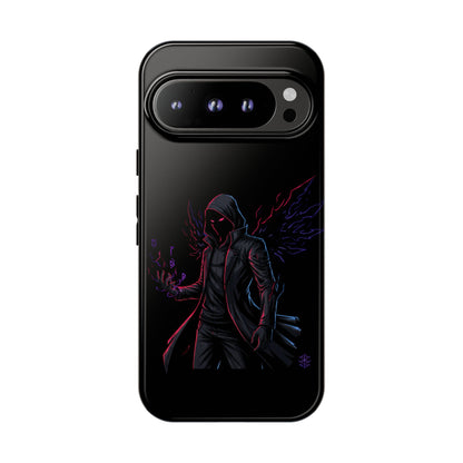 Dark Hoodie Shadow Warrior Phone Case – Protective Tough Case with Neon Winged Grim Reaper Design