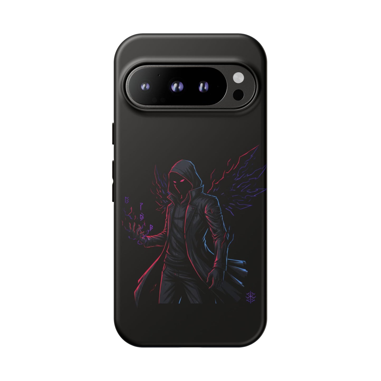 Dark Hoodie Shadow Warrior Phone Case – Protective Tough Case with Neon Winged Grim Reaper Design