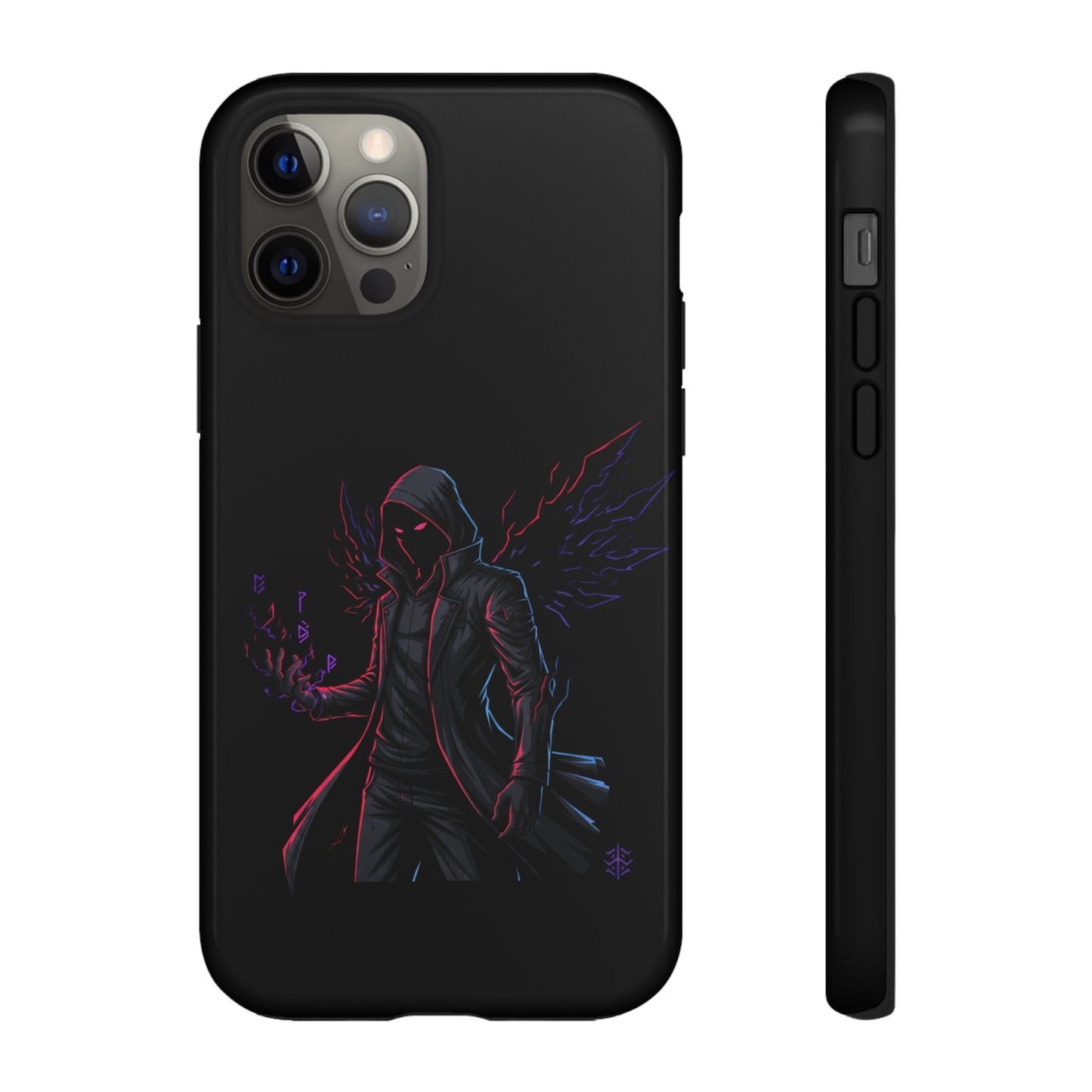 Dark Hoodie Shadow Warrior Phone Case – Protective Tough Case with Neon Winged Grim Reaper Design
