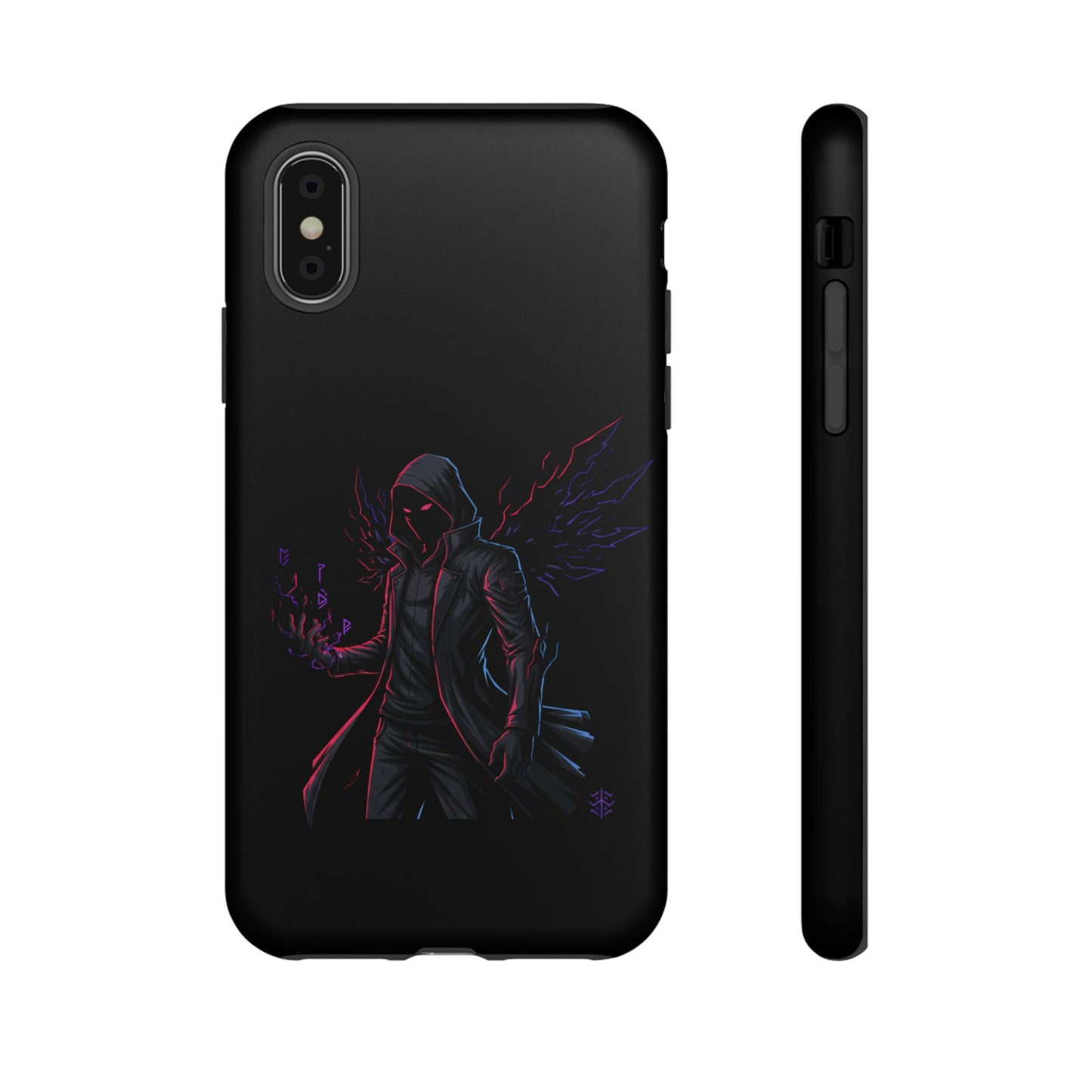Dark Hoodie Shadow Warrior Phone Case – Protective Tough Case with Neon Winged Grim Reaper Design