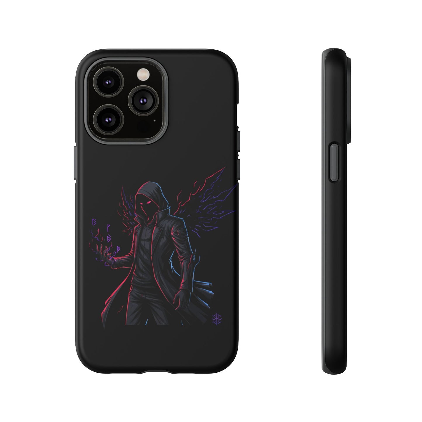 Dark Hoodie Shadow Warrior Phone Case – Protective Tough Case with Neon Winged Grim Reaper Design