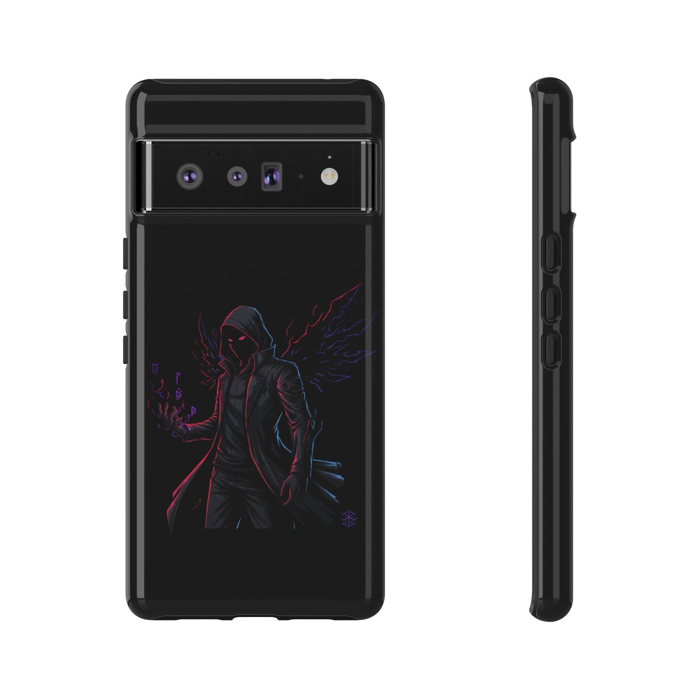Dark Hoodie Shadow Warrior Phone Case – Protective Tough Case with Neon Winged Grim Reaper Design