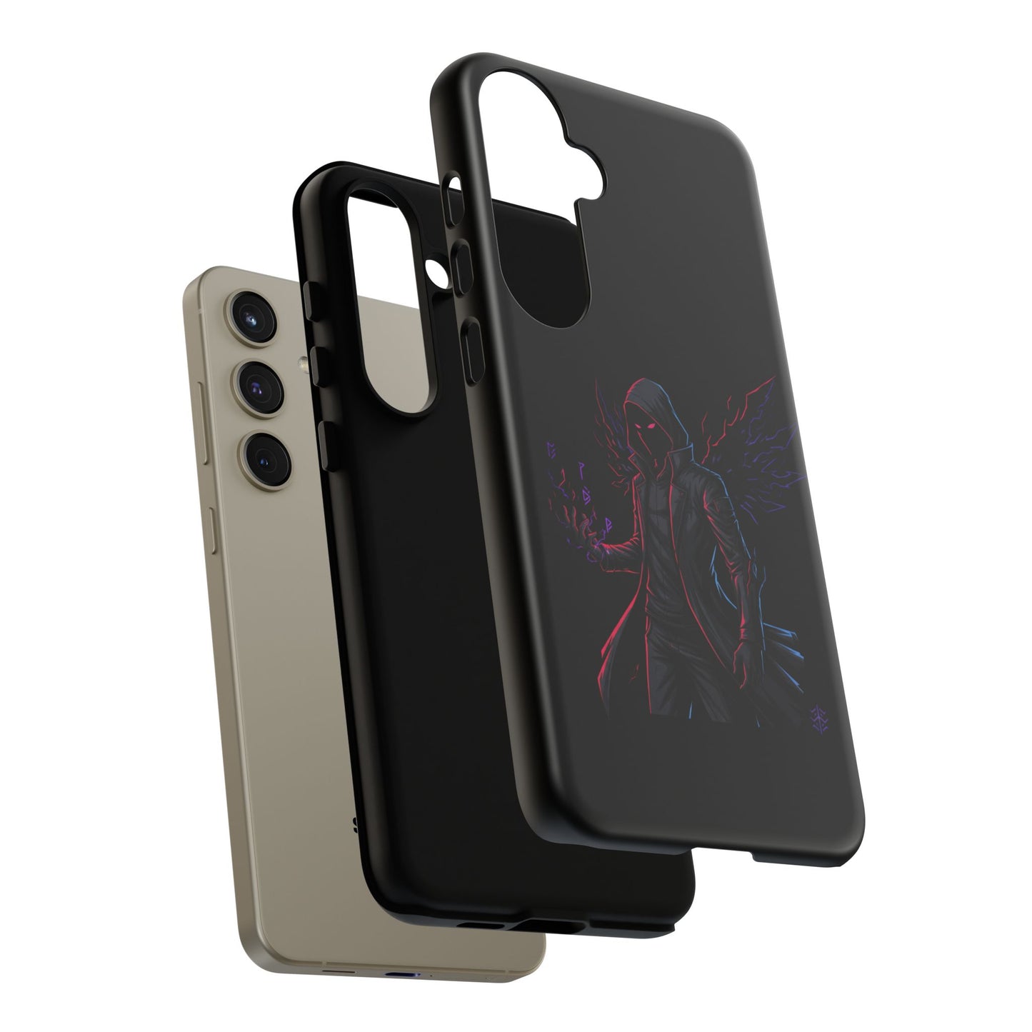 Dark Hoodie Shadow Warrior Phone Case – Protective Tough Case with Neon Winged Grim Reaper Design