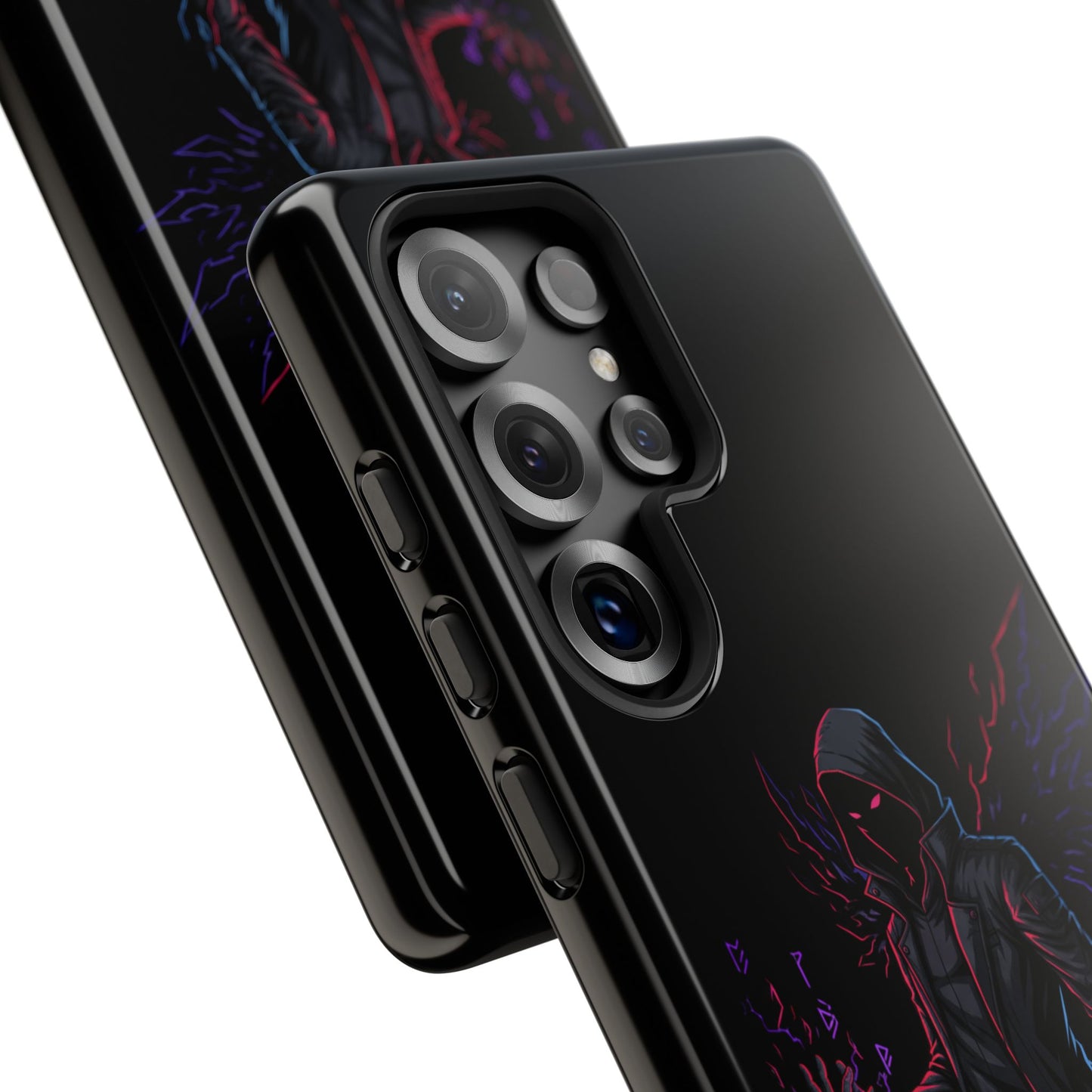 Dark Hoodie Shadow Warrior Phone Case – Protective Tough Case with Neon Winged Grim Reaper Design