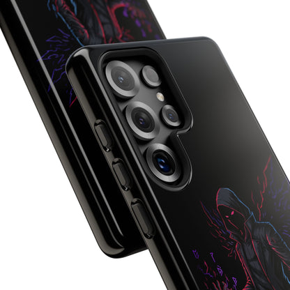 Dark Hoodie Shadow Warrior Phone Case – Protective Tough Case with Neon Winged Grim Reaper Design