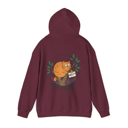 'Stuck Again?' Cat Hoodie — Funny Orange Cat in Tree Sweatshirt