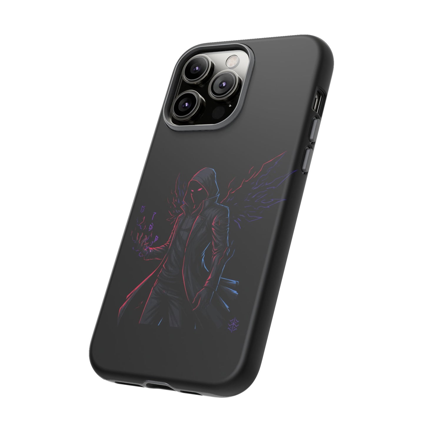 Dark Hoodie Shadow Warrior Phone Case – Protective Tough Case with Neon Winged Grim Reaper Design