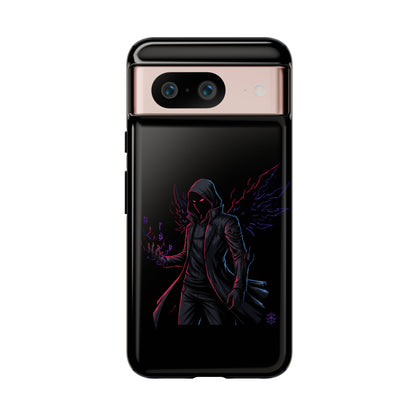 Dark Hoodie Shadow Warrior Phone Case – Protective Tough Case with Neon Winged Grim Reaper Design