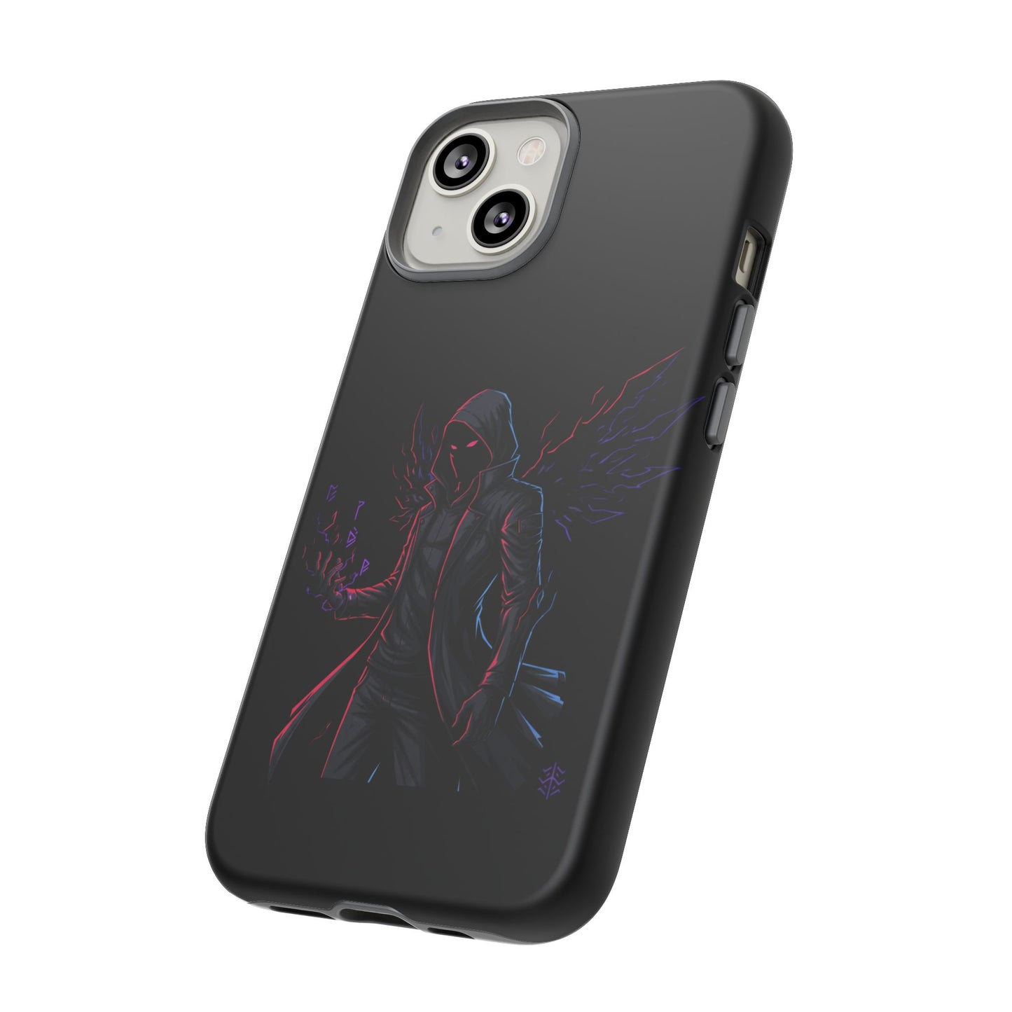 Dark Hoodie Shadow Warrior Phone Case – Protective Tough Case with Neon Winged Grim Reaper Design