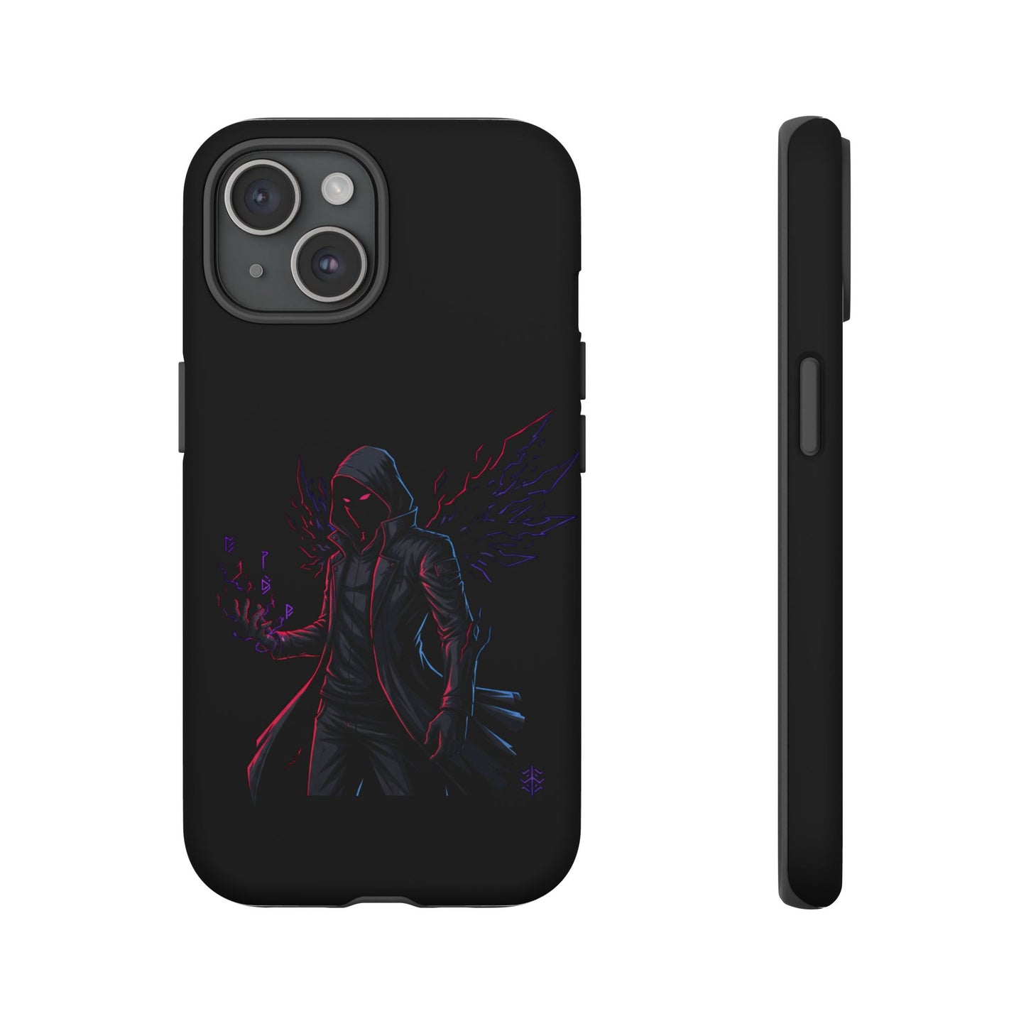 Dark Hoodie Shadow Warrior Phone Case – Protective Tough Case with Neon Winged Grim Reaper Design