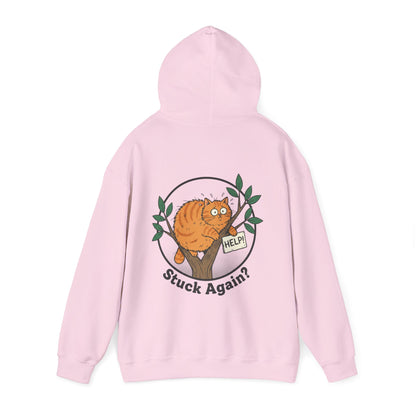 'Stuck Again?' Cat Hoodie — Funny Orange Cat in Tree Sweatshirt