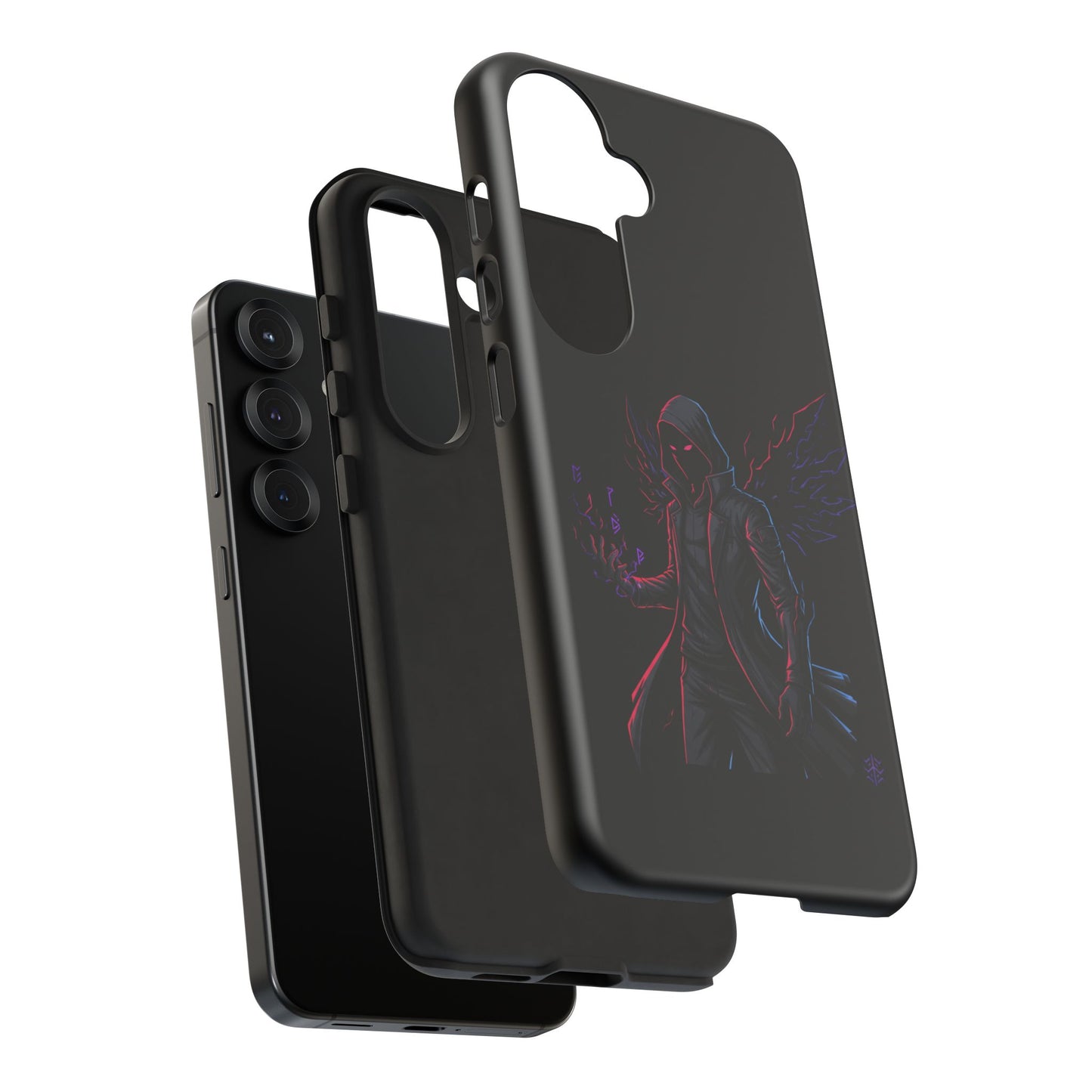 Dark Hoodie Shadow Warrior Phone Case – Protective Tough Case with Neon Winged Grim Reaper Design