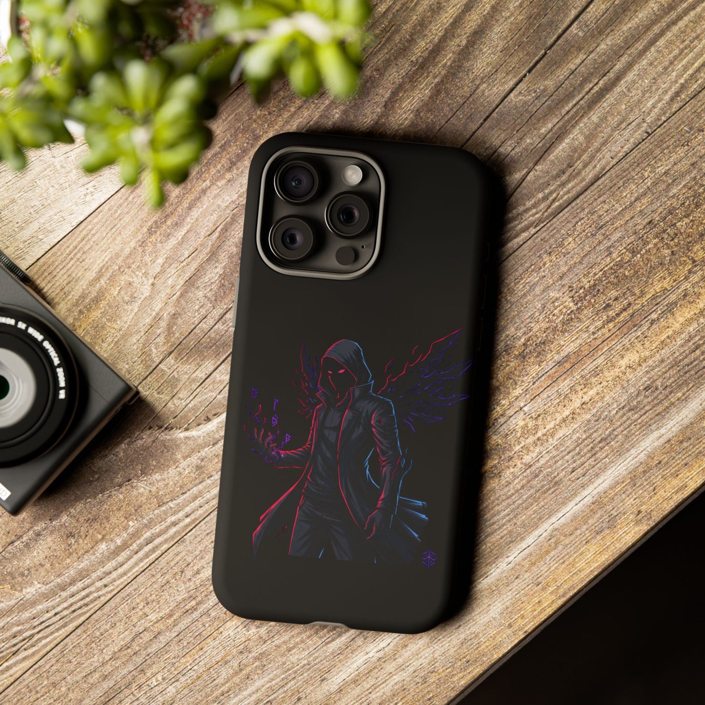 Dark Hoodie Shadow Warrior Phone Case – Protective Tough Case with Neon Winged Grim Reaper Design