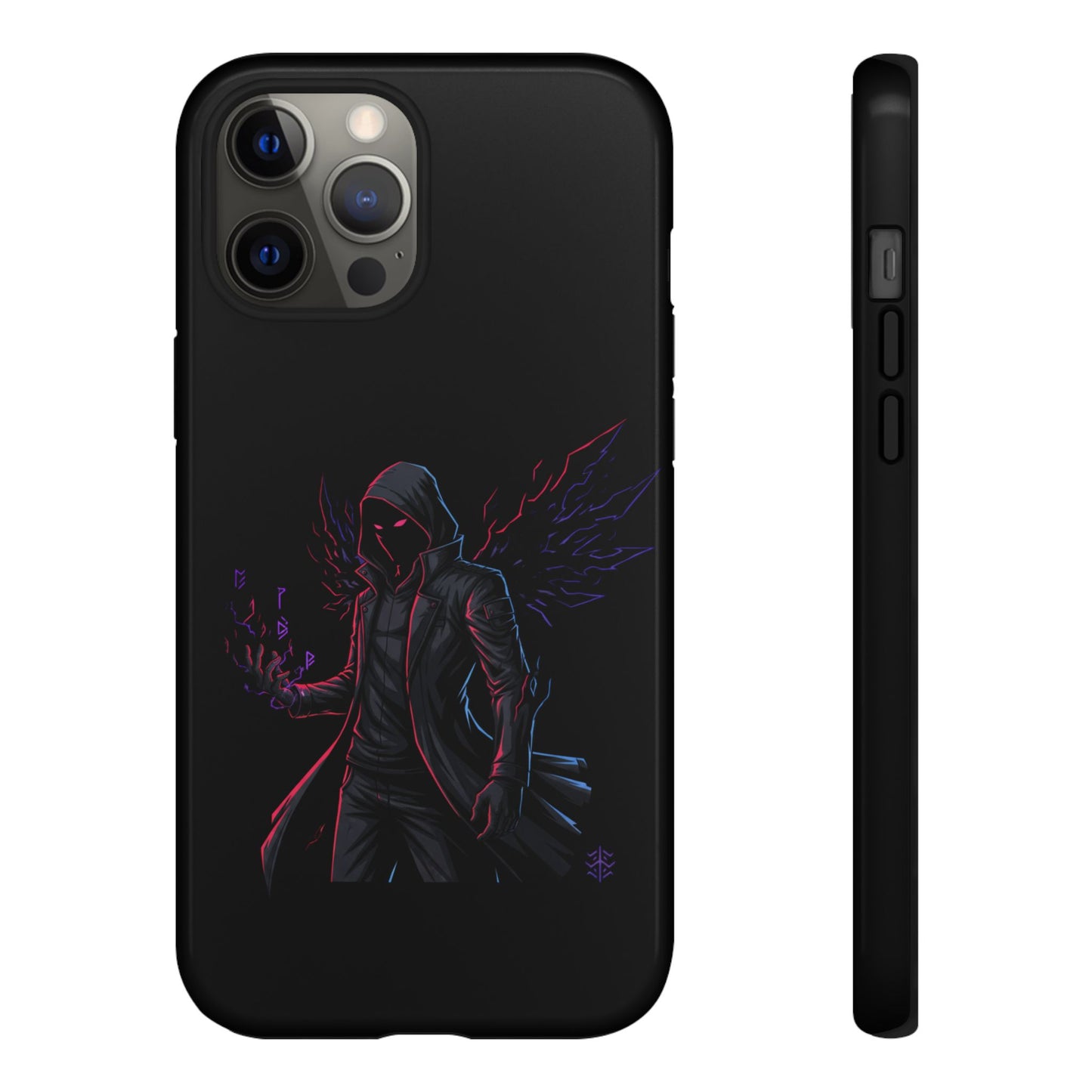 Dark Hoodie Shadow Warrior Phone Case – Protective Tough Case with Neon Winged Grim Reaper Design