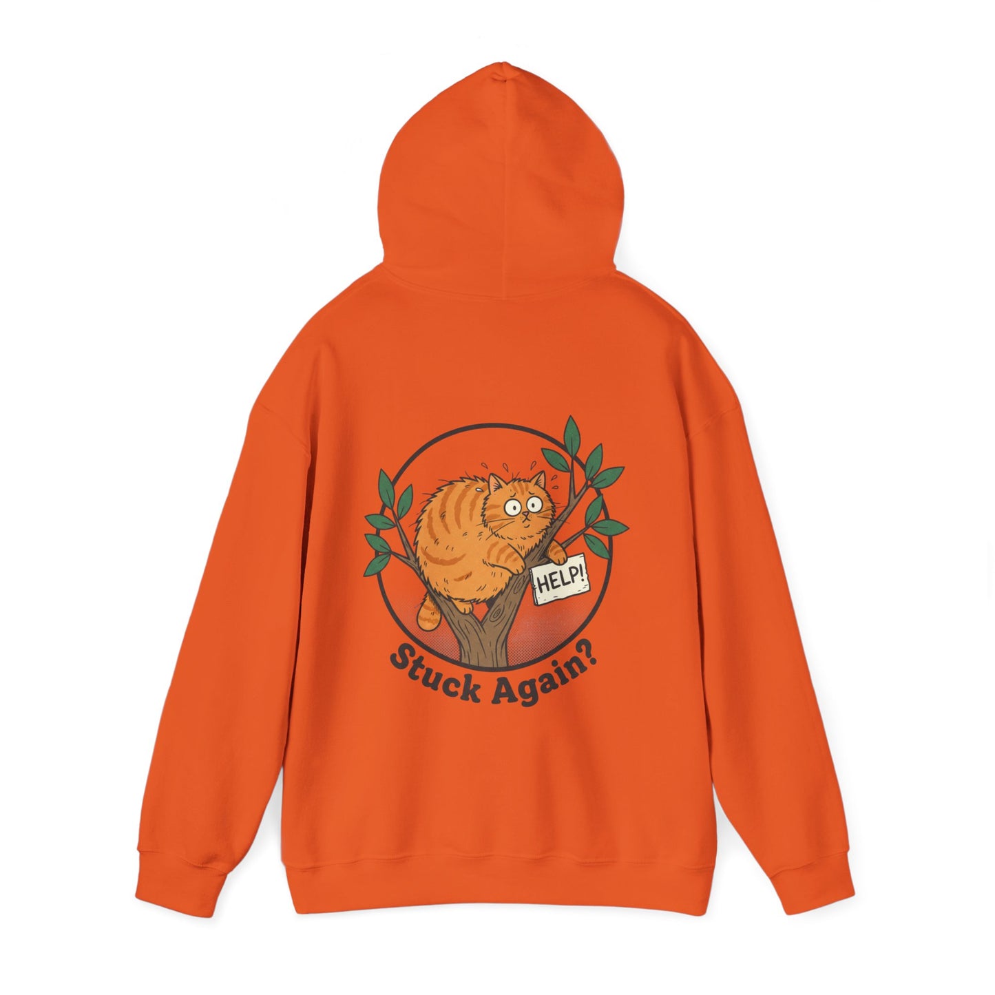 'Stuck Again?' Cat Hoodie — Funny Orange Cat in Tree Sweatshirt