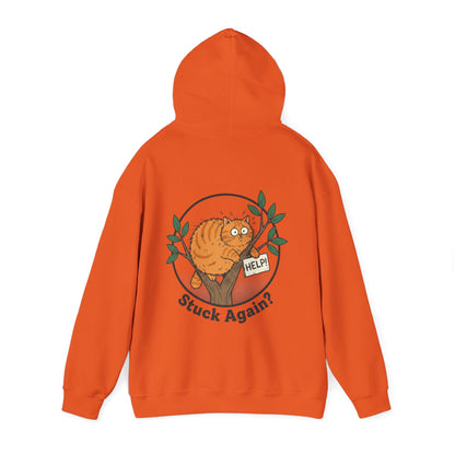 'Stuck Again?' Cat Hoodie — Funny Orange Cat in Tree Sweatshirt