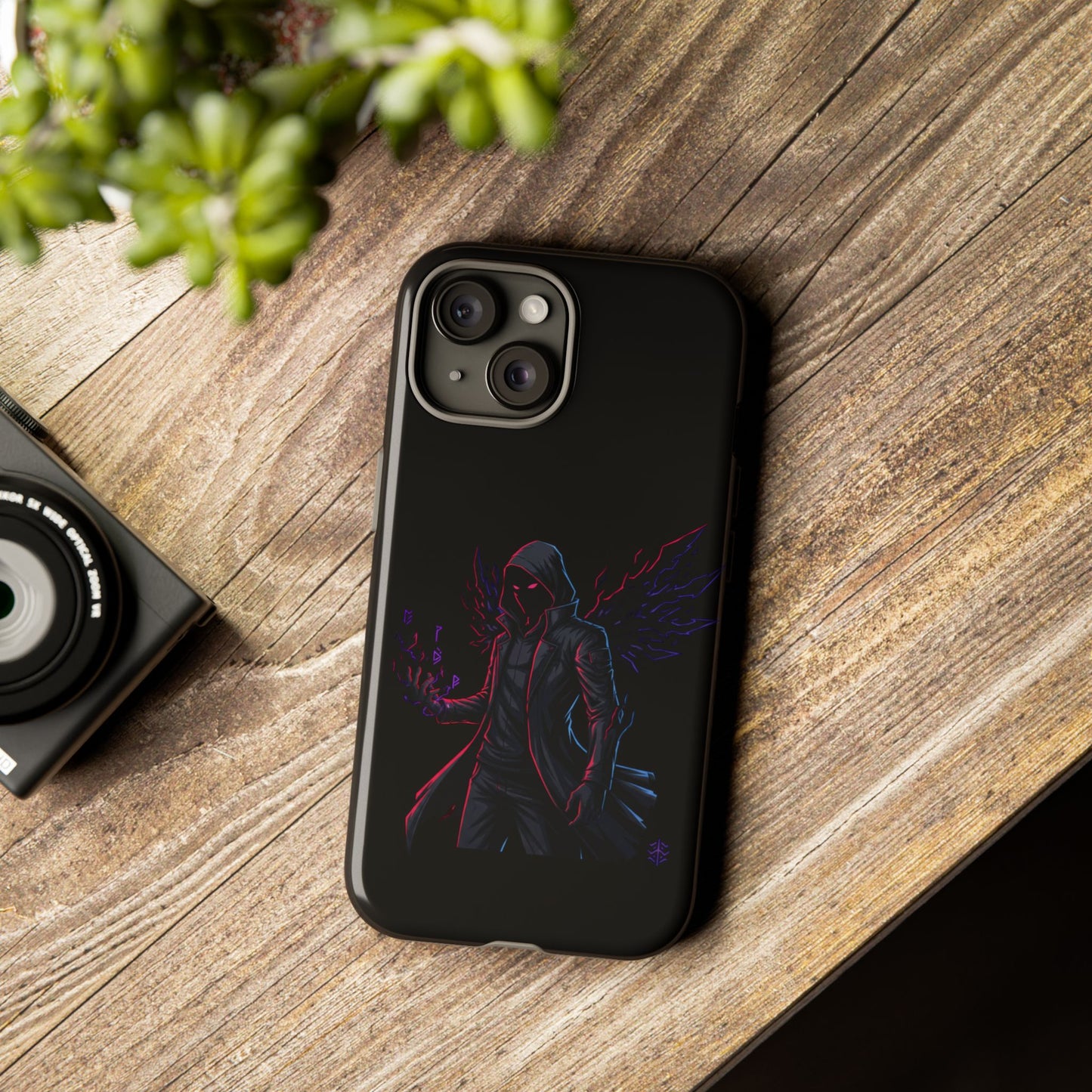 Dark Hoodie Shadow Warrior Phone Case – Protective Tough Case with Neon Winged Grim Reaper Design