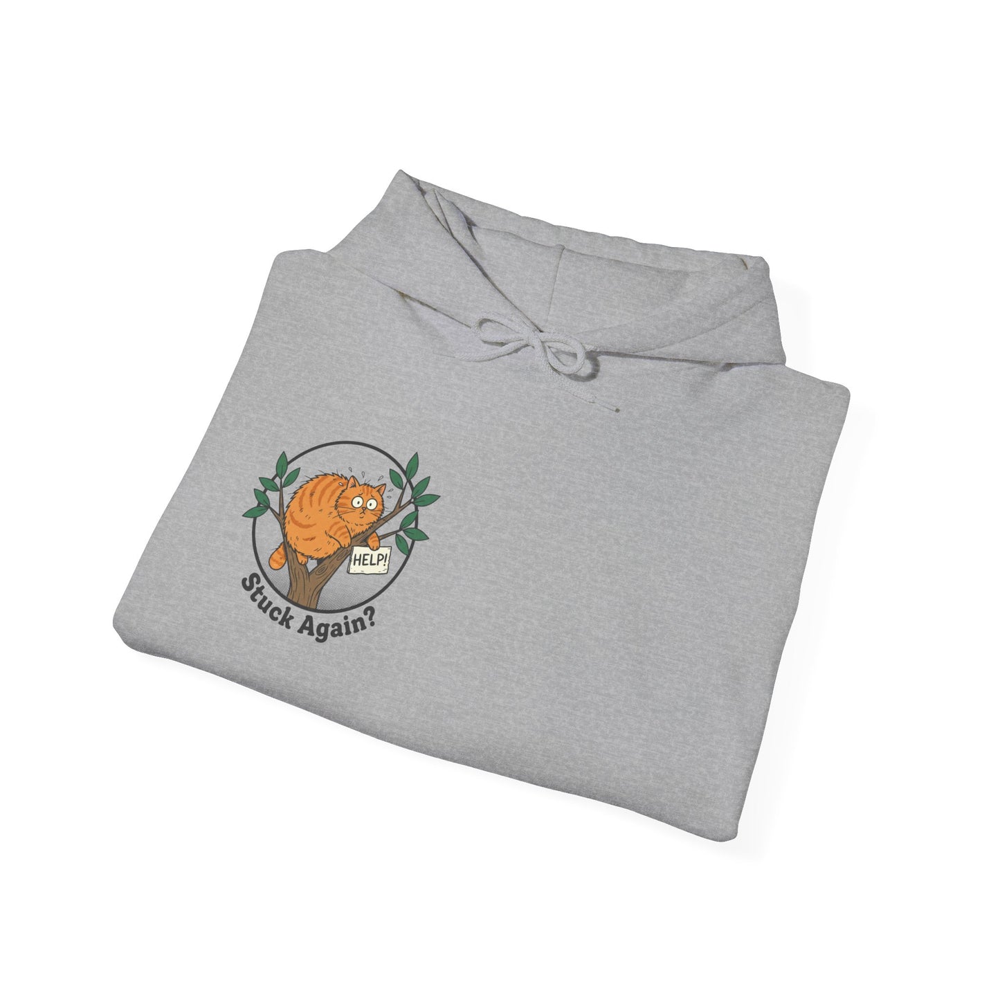'Stuck Again?' Cat Hoodie — Funny Orange Cat in Tree Sweatshirt