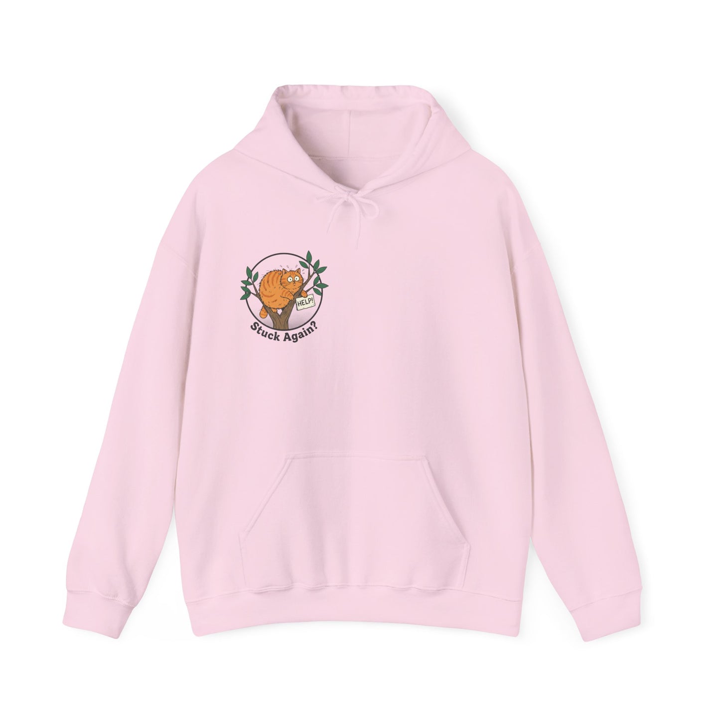 'Stuck Again?' Cat Hoodie — Funny Orange Cat in Tree Sweatshirt